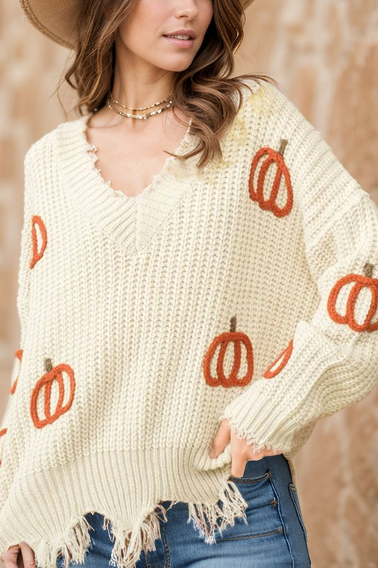 Raw Hem Pumpkin V-Neck Sweater