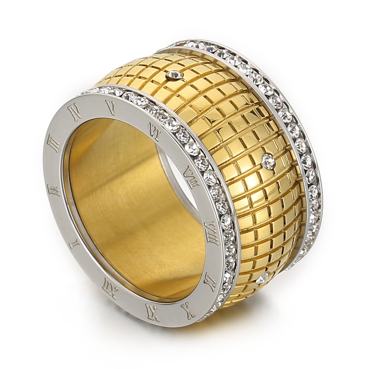 Dazzle Grid Rhinestone Embedded Stainless Steel Ring