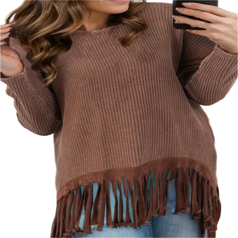 Fringe Round Neck Long Sleeve Top