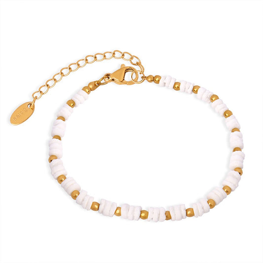 Gold Steel White Shell Beaded Bracelet Set of 2