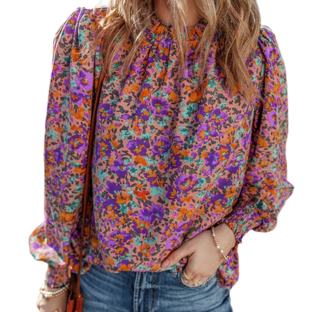 Floral Round Neck Long Sleeve Blouse