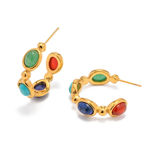 Gold Steel Mixed Gemstone Hoop Earrings