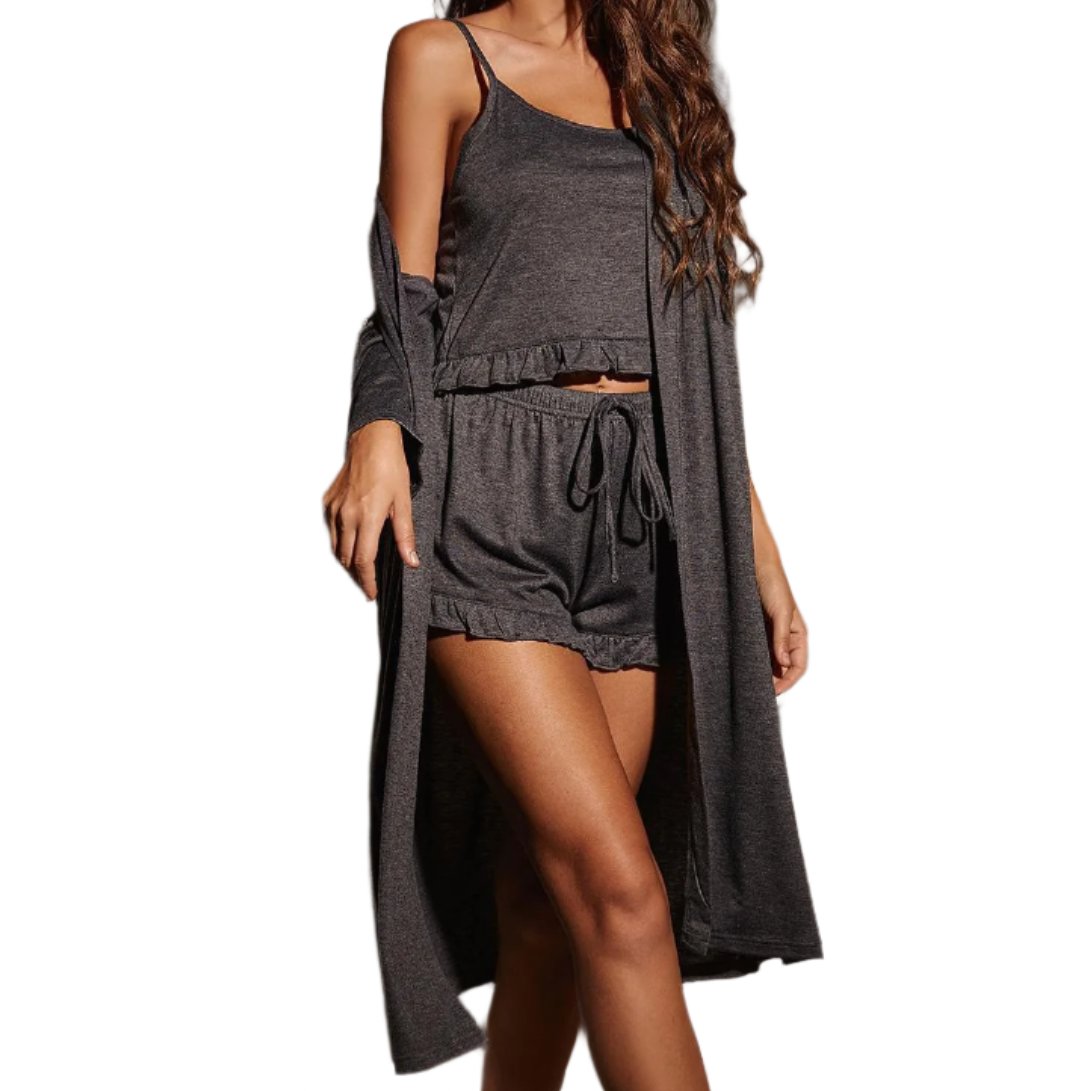 Ruffle Hem Cami, Drawstring Shorts & Cardigan Sleep Set