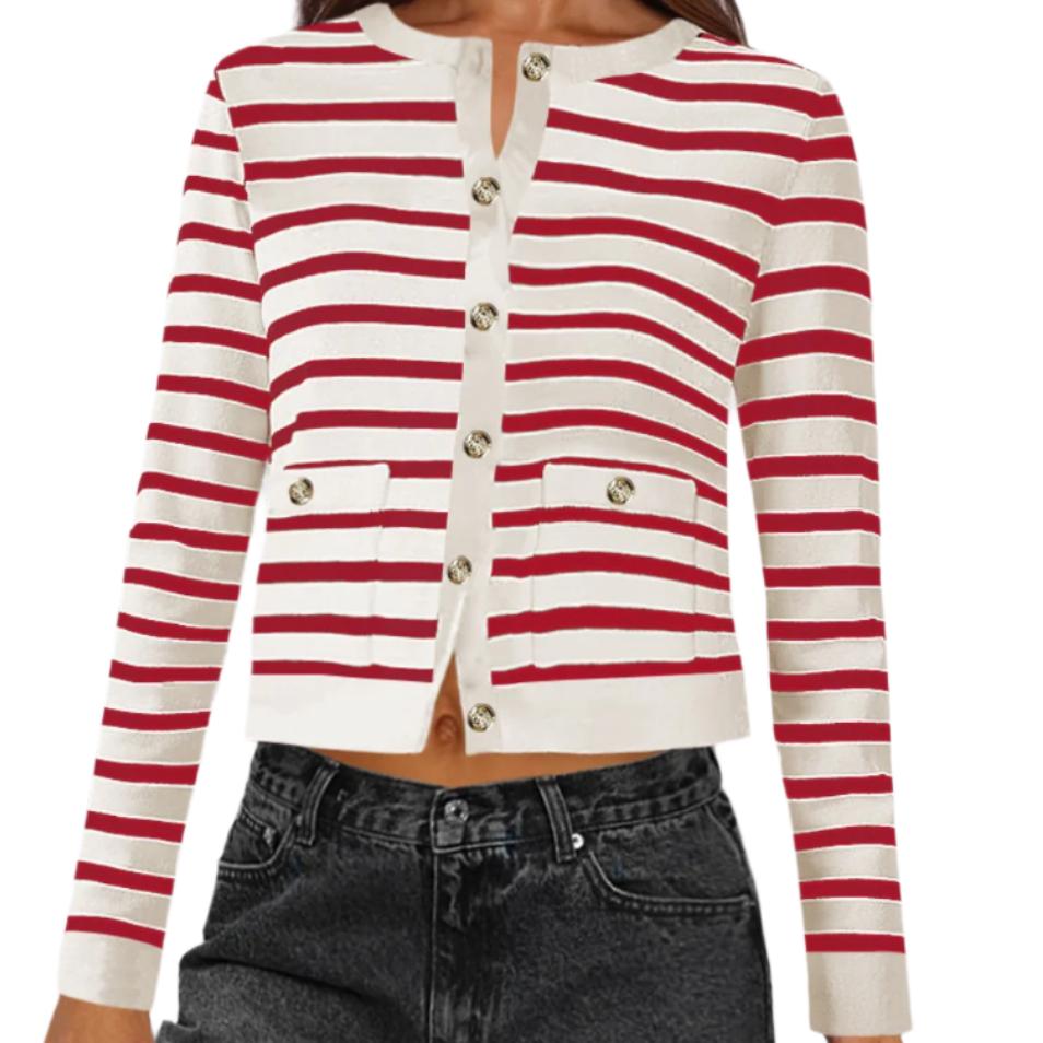 Striped Round Neck Button Up Cardigan