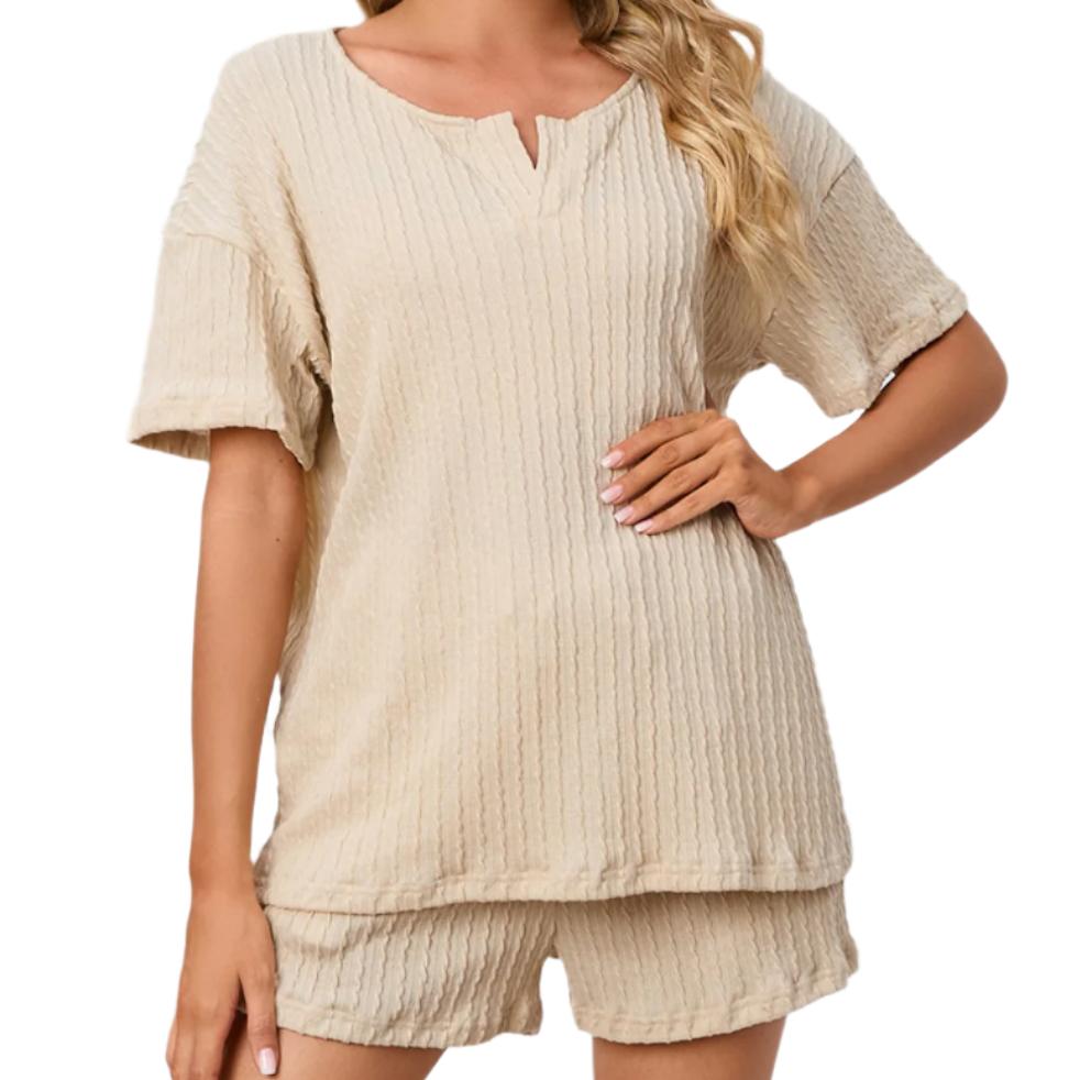 Notched Short Sleeve Top & Shorts Lounge Set