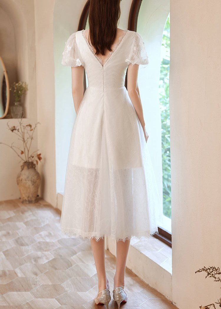 Puff Sleeve Mid Length Wedding Dress