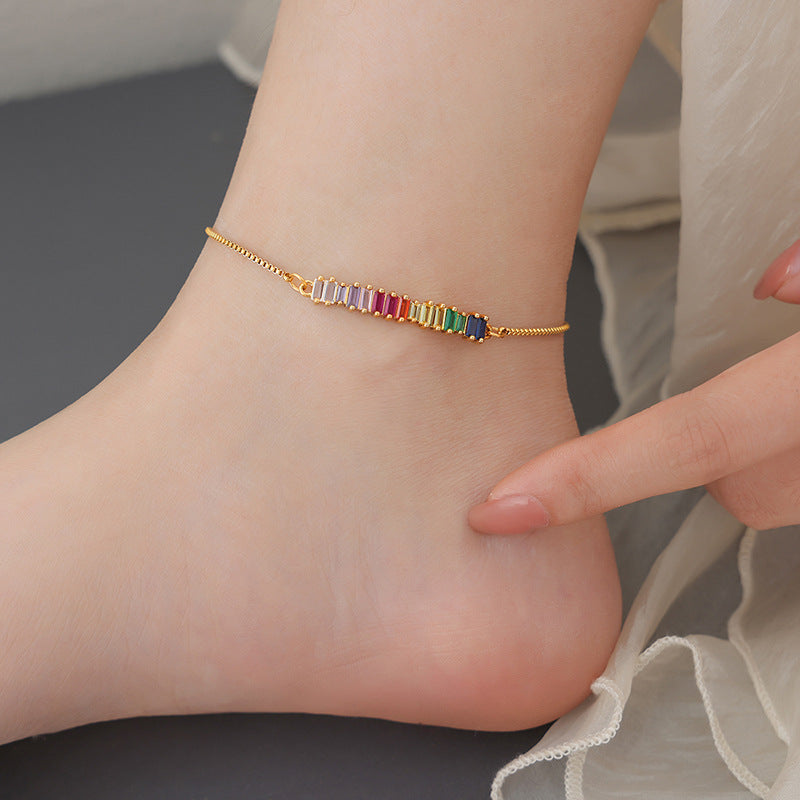 Gold Steel Rainbow CZ Anklet