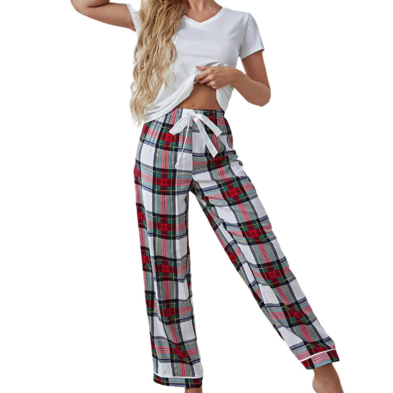 V-Neck Tee & Plaid Pants Pajama Set