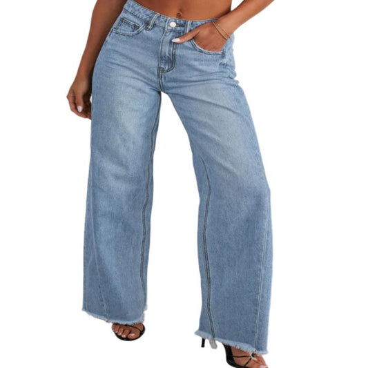 Raw Hem Wide Leg Jeans with Pockets