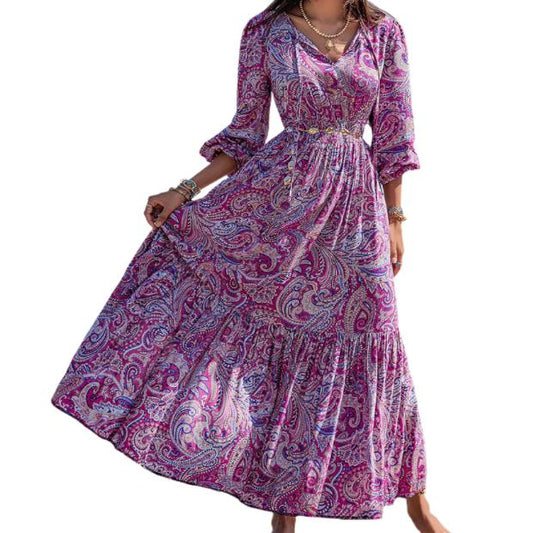 Printed Tie Neck Balloon Sleeve Maxi Dress