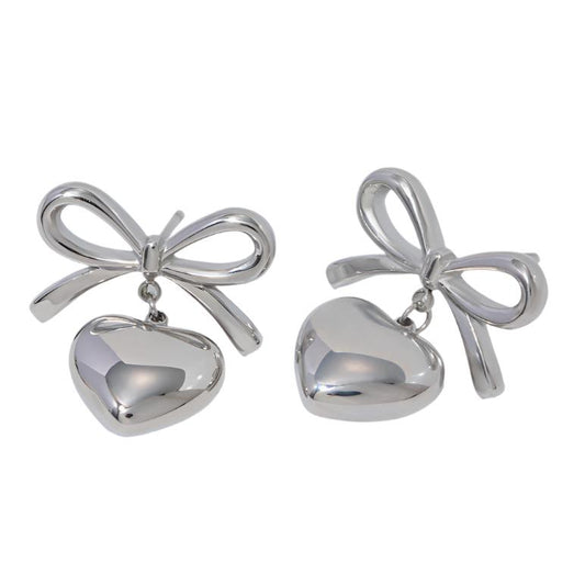 Silver Steel Bow & Heart Drop Earrings