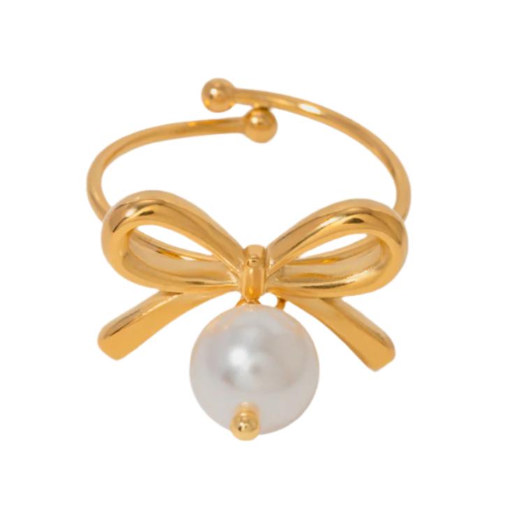 Gold Steel Pearl Bow Ring