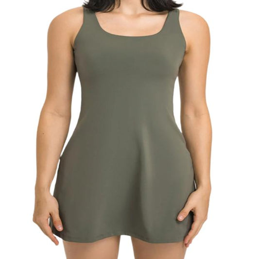 Square Neck Sports Tank Dress with Full Coverage Bottoms