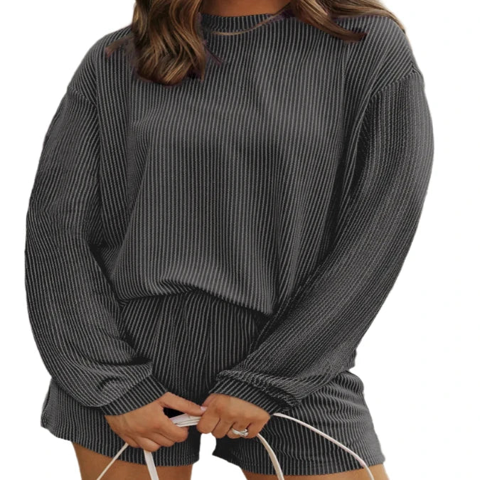 Round Neck Long Sleeve Top & Shorts Set