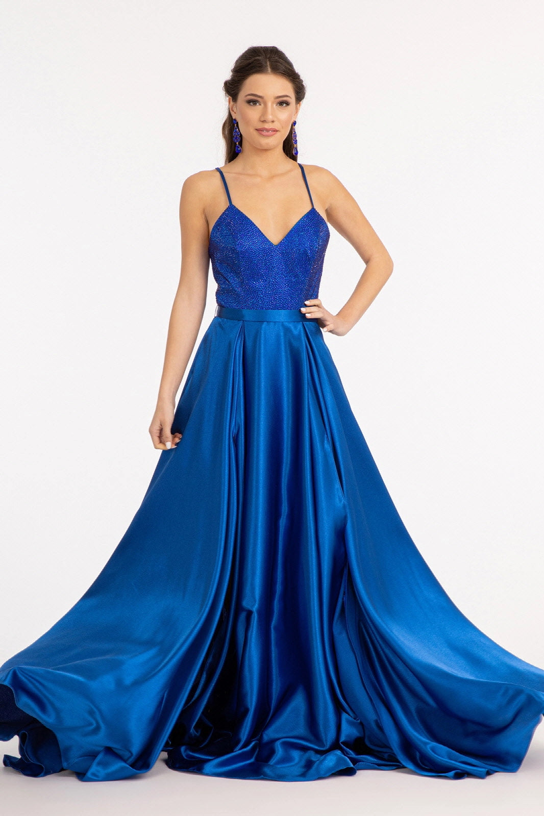 Satin Open Back V-Neck Long Formal Prom Dress