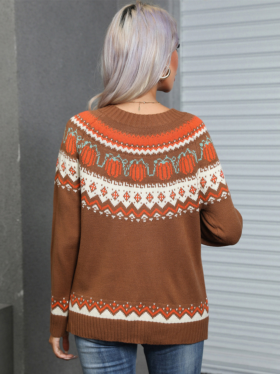 Pumpkin Print Round Neck Sweater