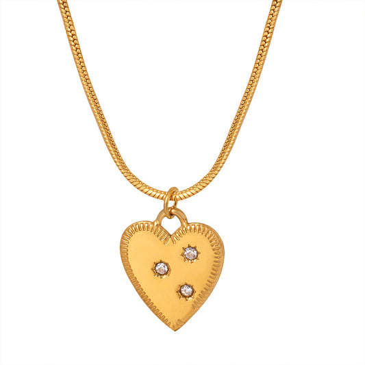 Gold Steel Heart Charm Necklace with CZ Accents