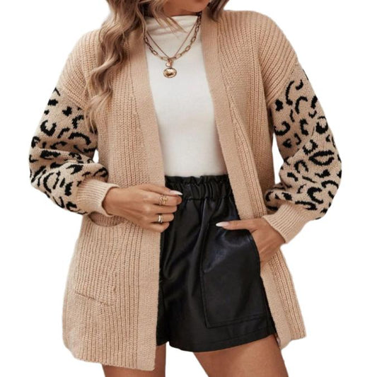 Pocketed Leopard Open Front Cardigan