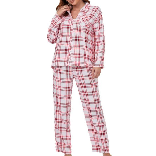 Plaid Collared Neck Long Sleeve Top & Pants Pajama Set