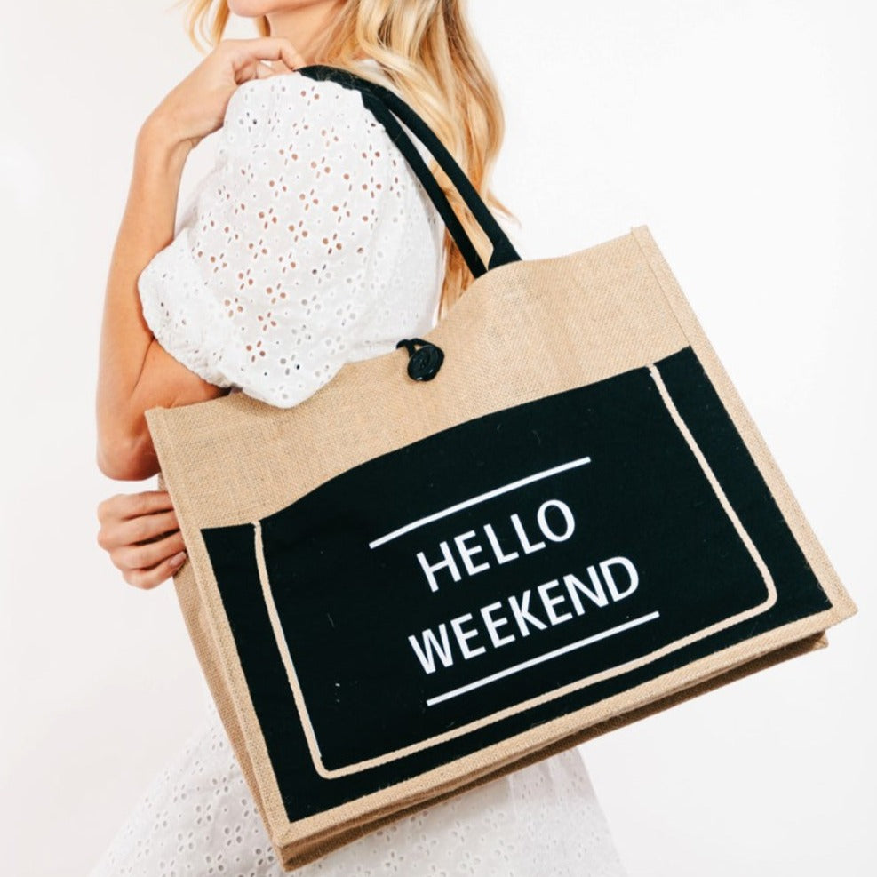 Hello Weekend Burlap Tote Bag