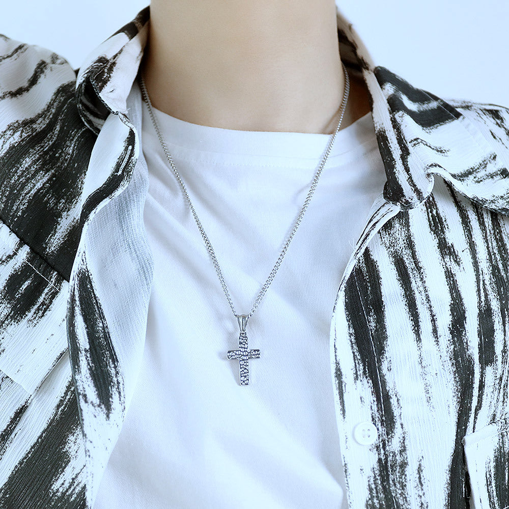 Hammered Cross Steel Charm Necklace