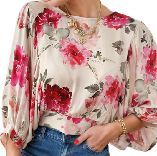 Floral Round Neck Three-Quarter Sleeve Blouse