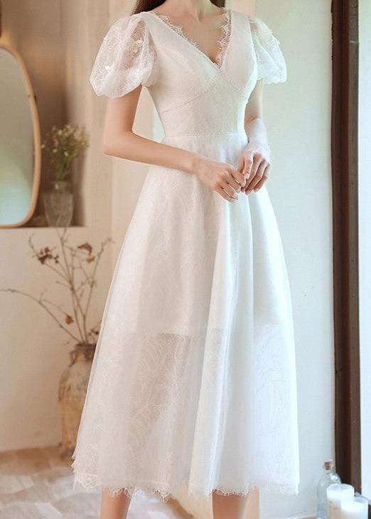 Puff Sleeve Mid Length Wedding Dress