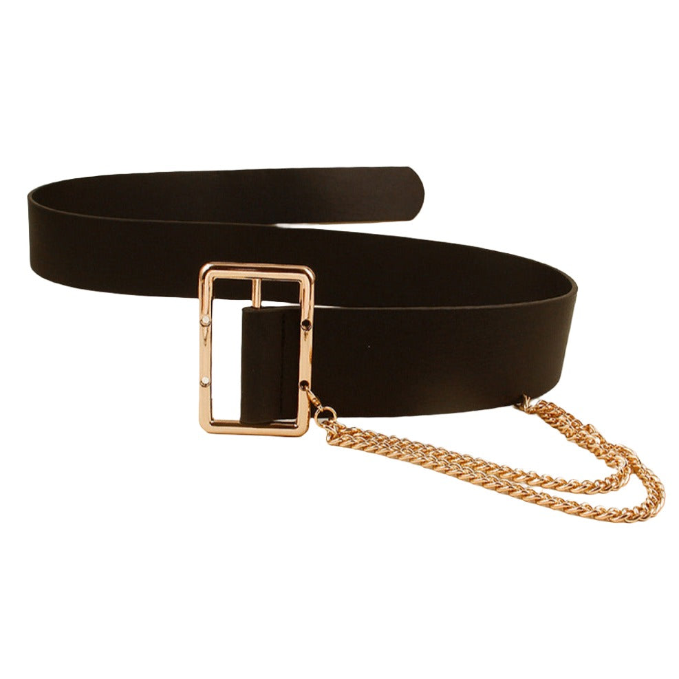 Vegan Leather Wide Belt with Chain