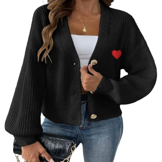 Heart Button Down V-Neck Long Sleeve Cardigan