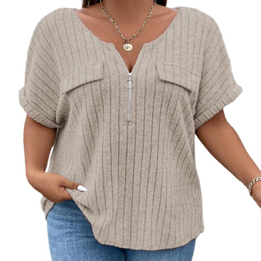 Plus Size Half Zip Short Sleeve T-Shirt