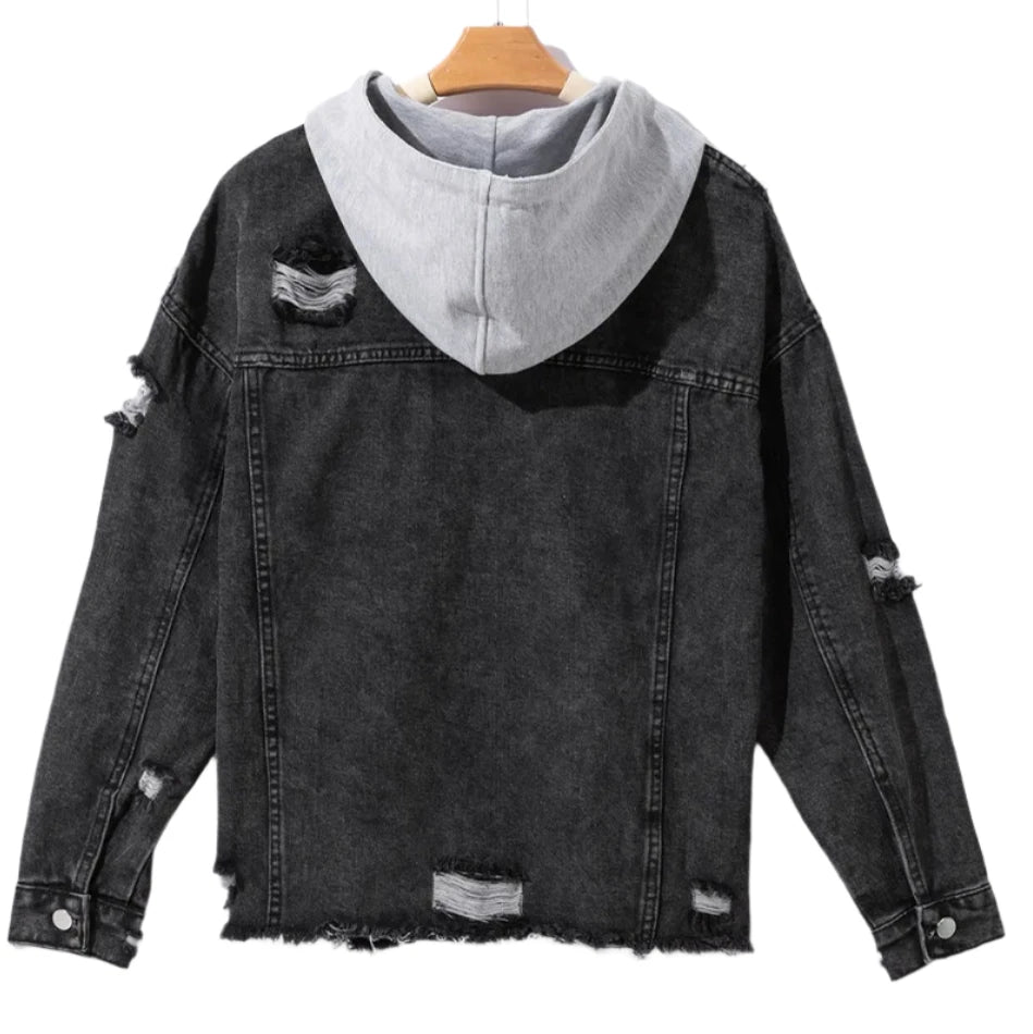 Distressed Drawstring Hooded Denim Jacket