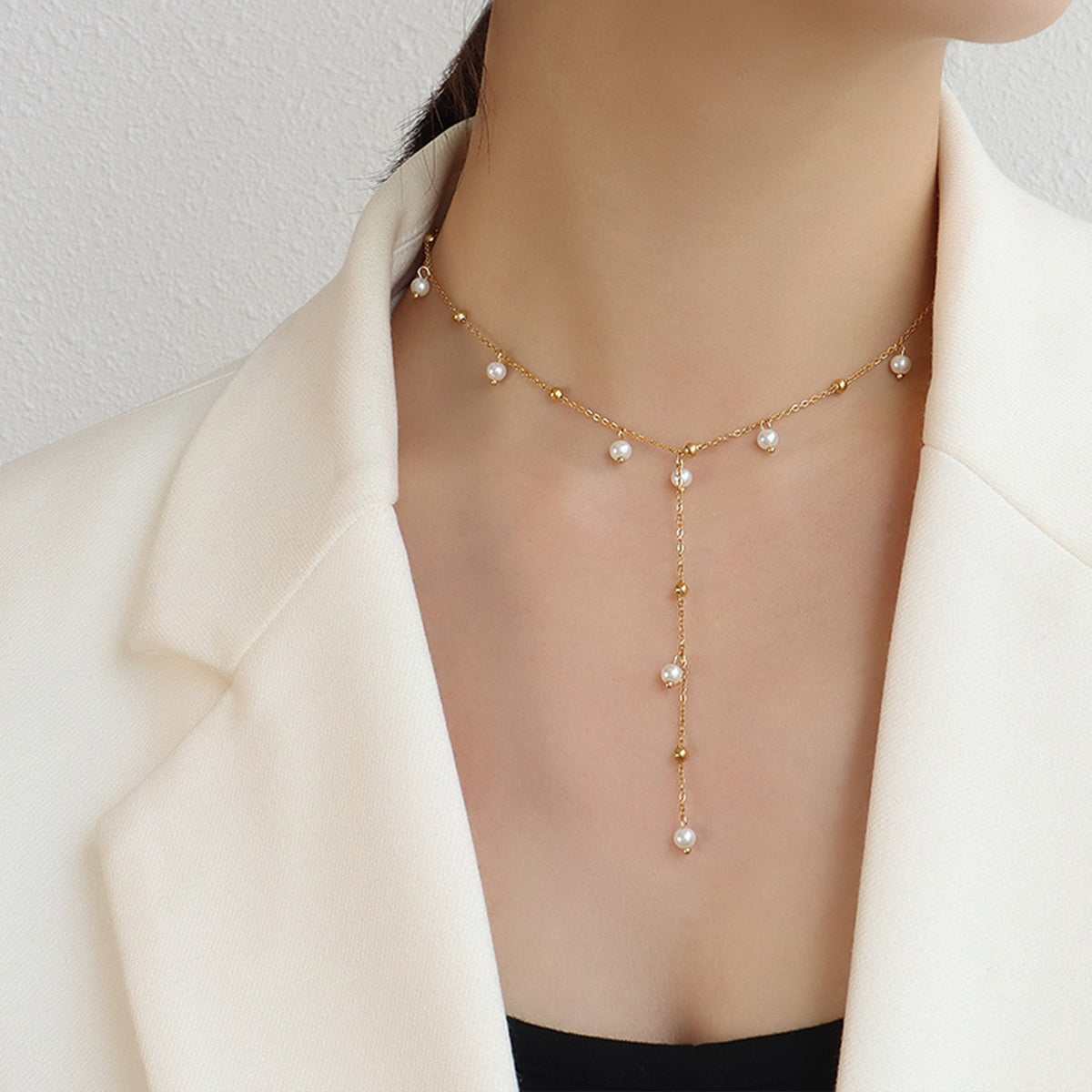 Gold Steel Pearl Lariat Necklace