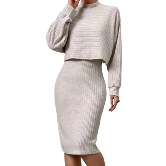 Mock Neck Long Sleeve Top & Wide Strap Dress Set