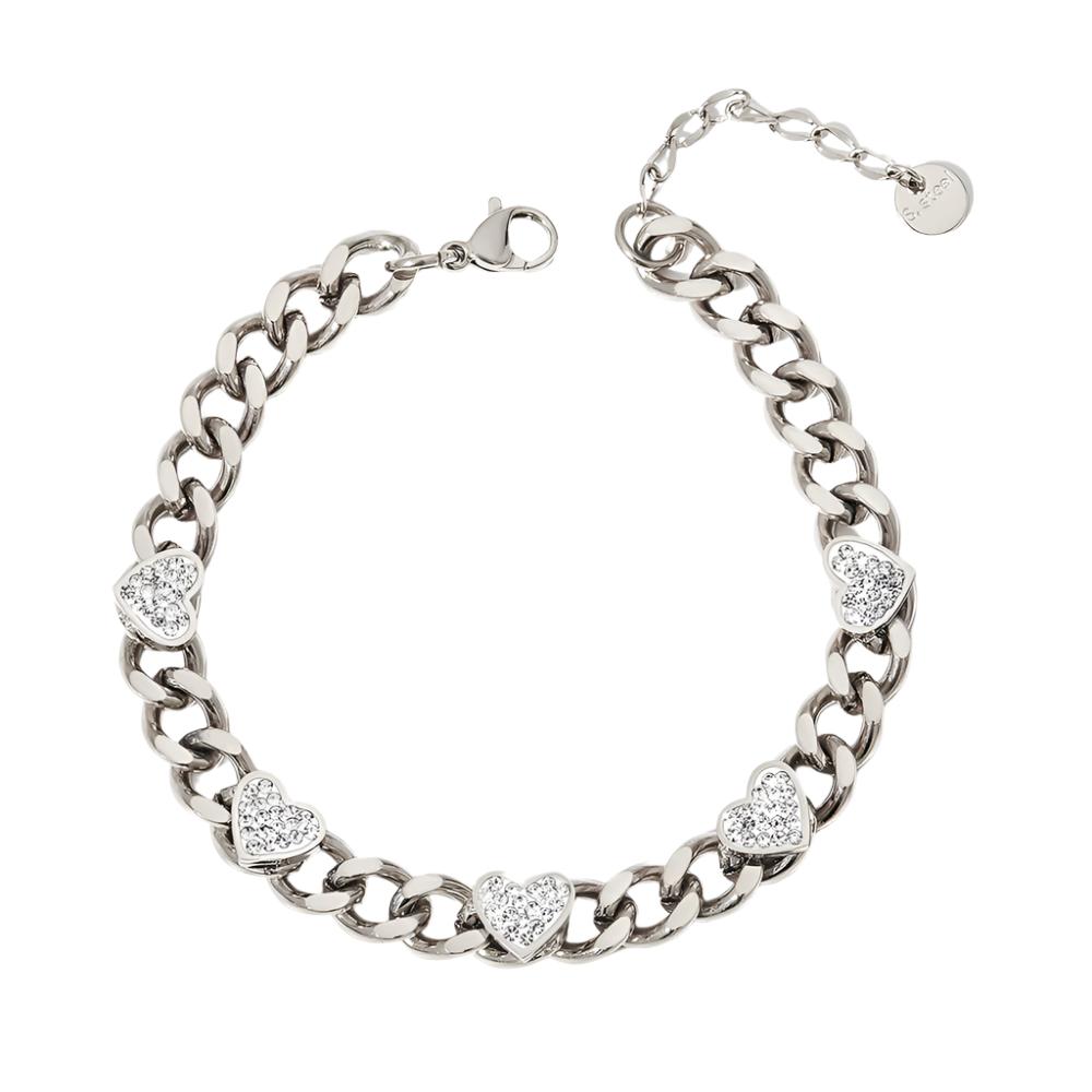 Heart Chain Charm Bracelet in Gold or Silver Steel with CZ Accents