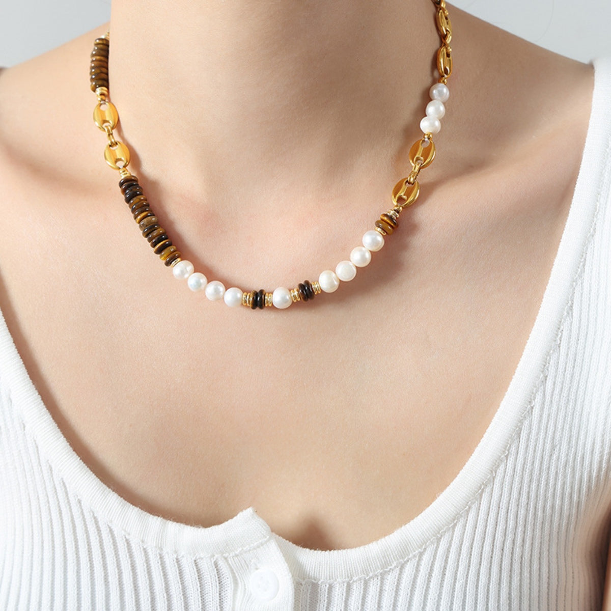 Serenity Glow Pearl and Tiger Eye Necklace