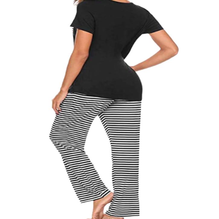 Pocketed Short Sleeve Top & Striped Pants Pajama Set