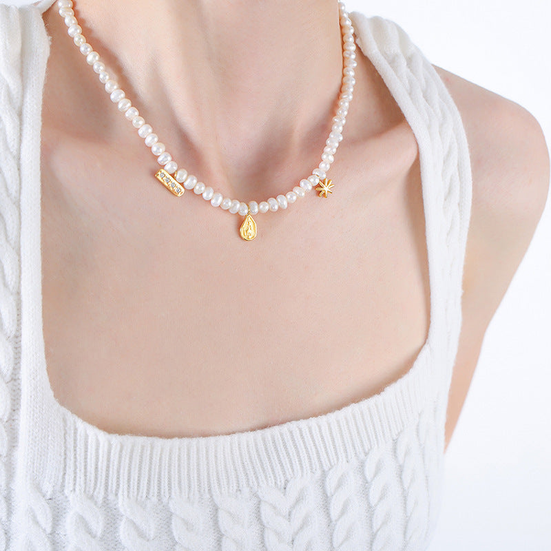 Gold Steel Charm Freshwater Pearl Necklace