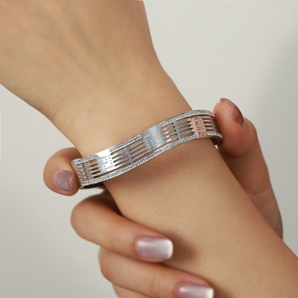 Gold or Silver Steel Bangle Bracelet with CZ Accents