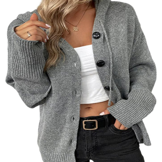 Drawstring Button Up Hooded Cardigan