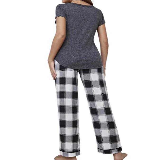 Curved Hem Short Sleeve Top & Plaid Pants Sleep Set