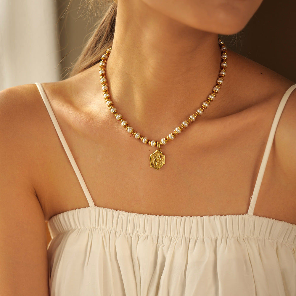 Gold Steel Pearl Charm Necklace