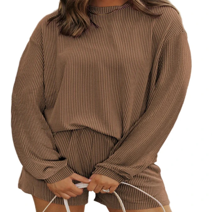 Round Neck Long Sleeve Top & Shorts Set