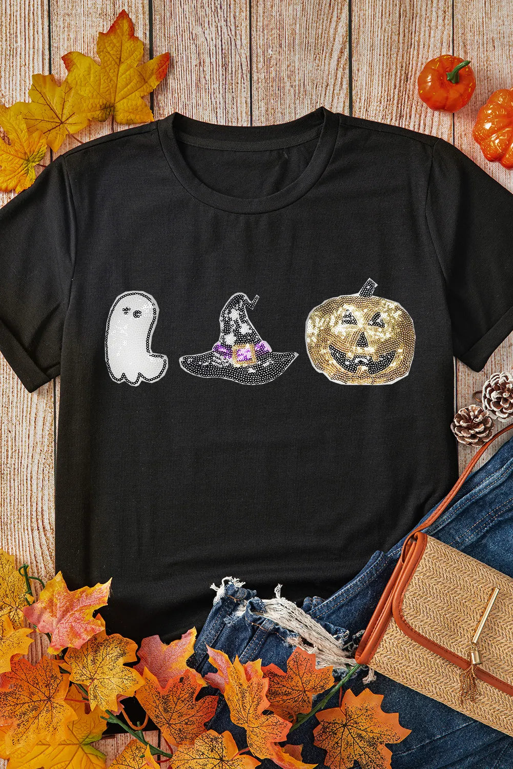 Halloween Sequin Round Neck Short Sleeve T-Shirt