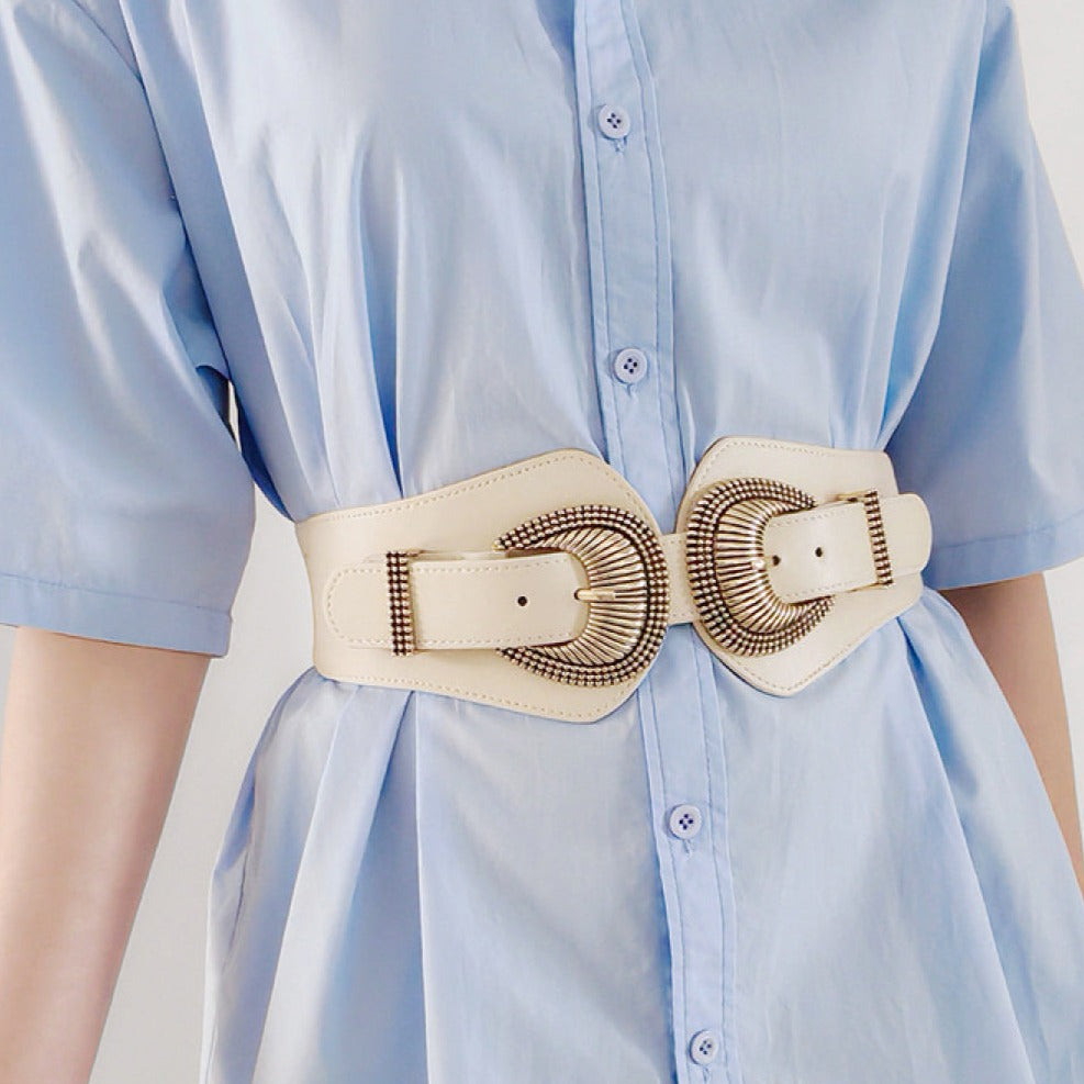 Shell Double Buckle Elastic Wide Belt