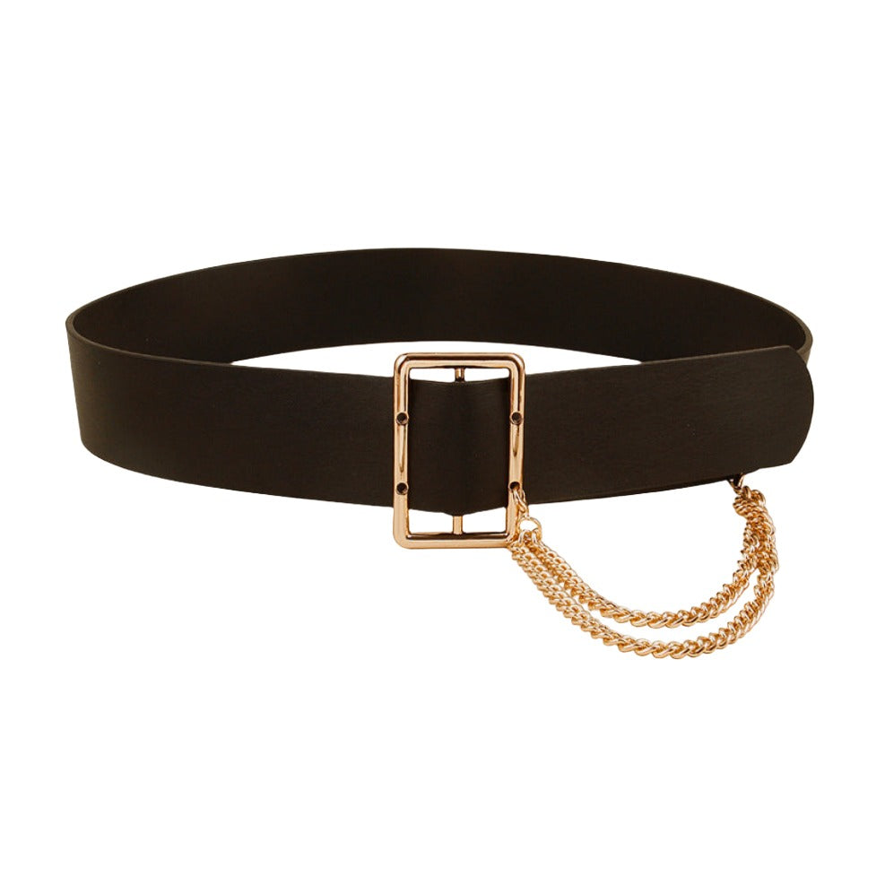 Vegan Leather Wide Belt with Chain