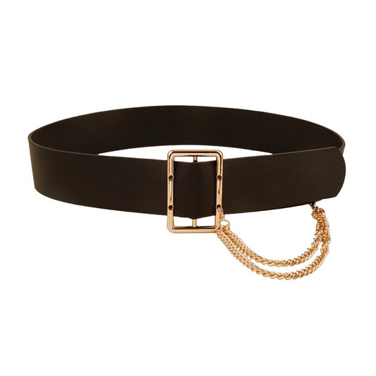 Vegan Leather Wide Belt with Chain