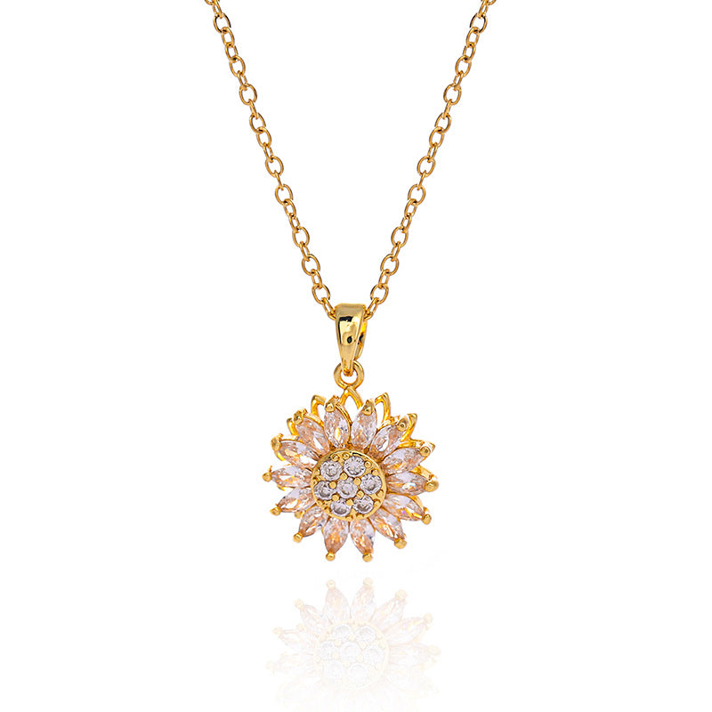 Gold Steel Sunflower Charm Necklace with CZ