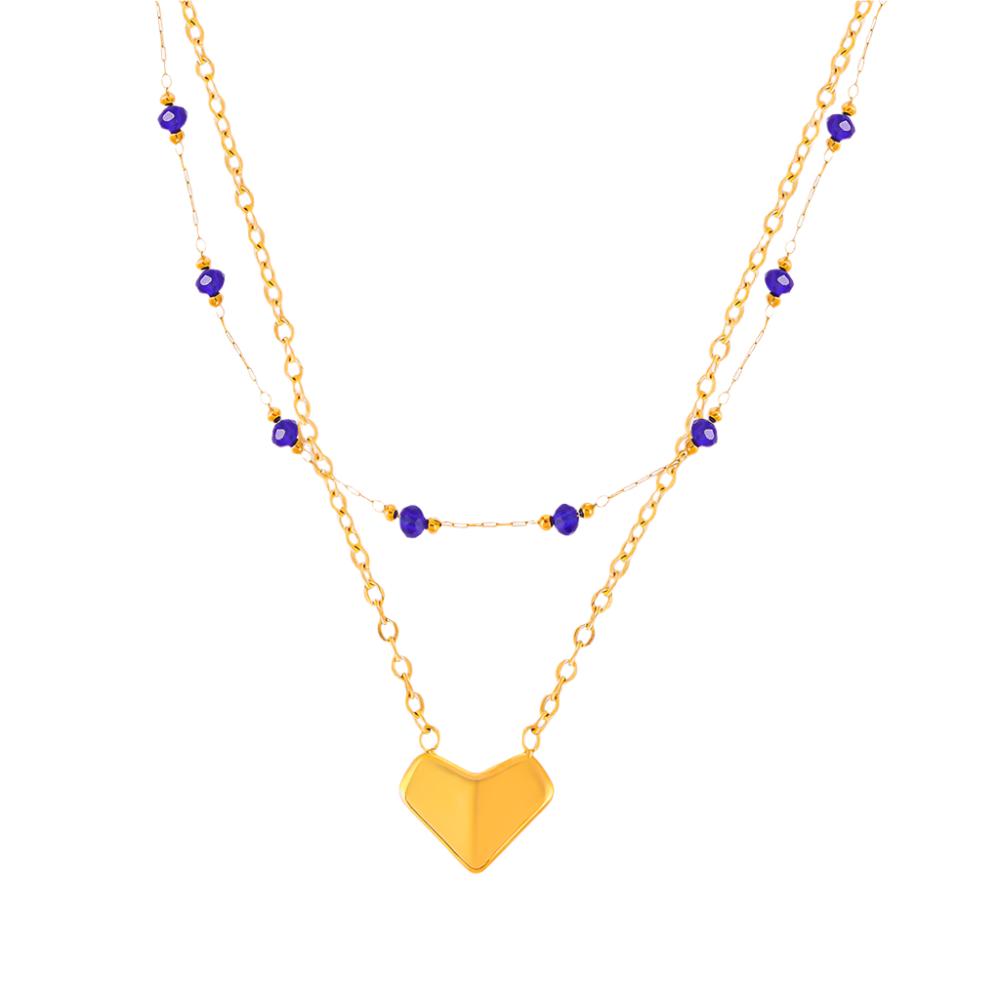 Gold Stain Double Layered Heart Charm Necklace with Blue Beaded Accents