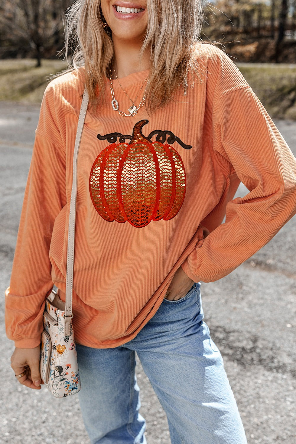 Sequin Pumpkin Round Neck Sweatshirt