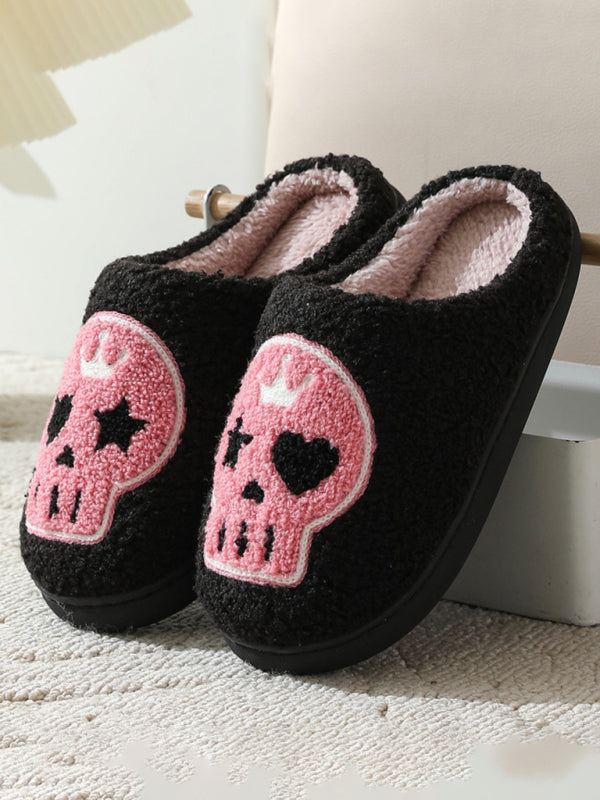 Halloween Pink Skull Print Home Plush Slippers